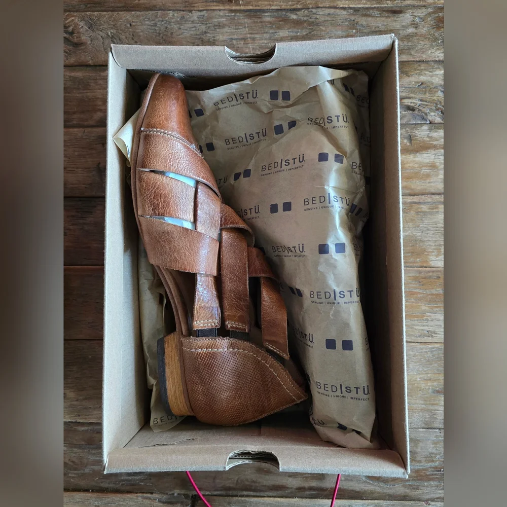 BED|STU Brittany  Brown Ankle Boots with Distressed Leather and Woven Straps - Picture 3 of 11